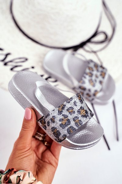 Dziecięce Klapki Dziewczęce Brokat Leopard Srebrne Rimia
