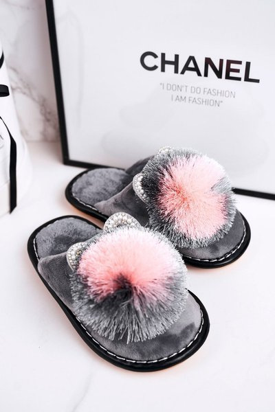 Dziecięce Klapki Papcie Z Pomponem Szare Cinderella