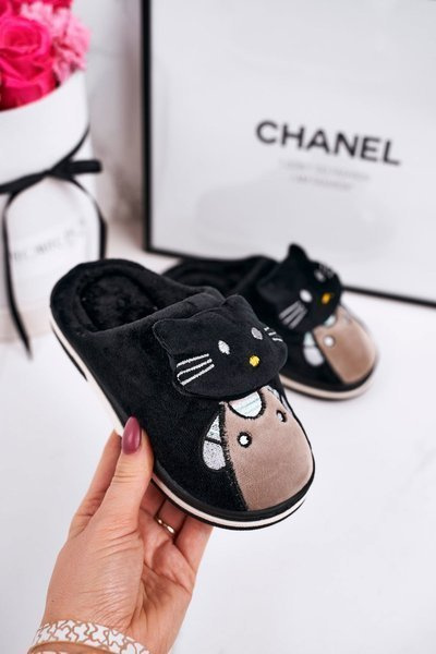 Dziecięce Ocieplane Klapki Papcie Czarne Kitty