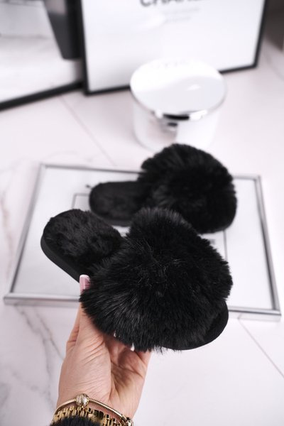 Dziecięce Papcie Klapki z Futerkiem Czarne Snow Ball