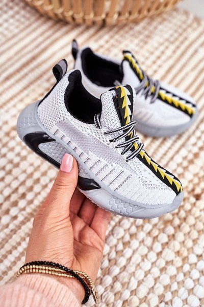 Sportowe Buty Dziecięce Szaro Białe Stich