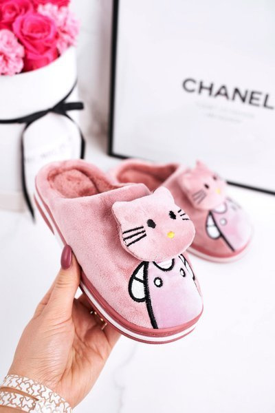 Dziecięce Ocieplane Klapki Papcie Pudrowy Róż Kitty